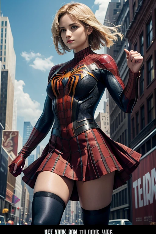 Dianna Agron、Marvel Comics Movie Poster, Very beautiful, Movies about Spiderman, sexy, whole body, I'm wearing a skirt、Premiere date, Poster、belly buttonを突き出す、new york、She&#39;s wearing a torn Spider-Man suit,The suit is torn、Wearing a skirt、 Red and black color scheme,dynamic、masterpiece、highest quality、Ultra-detailed、Very detailed、A delicate and beautiful shine、超A high resolution、Cinematic,Break,Breakdrop,(Torn clothes:1.5), (Wet clothes:1.4), Bare shoulders,Real Rain,Wet Hair,belly button、Exposing Skin、Showing off her sexy shoulders