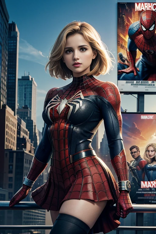 Dianna Agron、Marvel Comics Movie Poster, Very beautiful, Movies about Spiderman, sexy, whole body, I'm wearing a skirt、Premiere date, Poster、belly buttonを突き出す、new york、She's wearing a torn Spider-Man suit,The suit is torn、Wearing a skirt、 Red and black color scheme,dynamic、masterpiece、highest quality、Ultra-detailed、Very detailed、A delicate and beautiful shine、超A high resolution、Cinematic,Break,Breakdrop,(Torn clothes:1.5), (Wet clothes:1.4), Bare shoulders,Real Rain,Wet Hair,belly button、Exposing Skin、Showing off her sexy shoulders