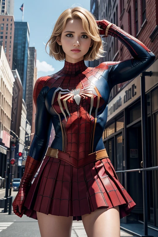 Dianna Agron、Marvel Comics Movie Poster, Very beautiful, Movies about Spiderman, sexy, whole body, I'm wearing a skirt、Premiere date, Poster、belly buttonを突き出す、new york、She&#39;s wearing a torn Spider-Man suit,The suit is torn、Wearing a skirt、 Red and black color scheme,dynamic、masterpiece、highest quality、Ultra-detailed、Very detailed、A delicate and beautiful shine、超A high resolution、Cinematic,Break,Breakdrop,(Torn clothes:1.5), (Wet clothes:1.4), Bare shoulders,Real Rain,Wet Hair,belly button、Exposing Skin、Showing off her sexy shoulders