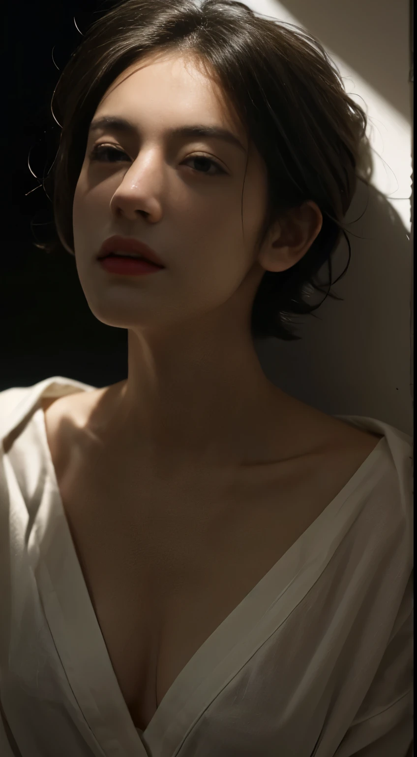 Best quality, masterpiece, ultra high res, (photorealistic:1.5), raw photo, 1girl,, in the dark, deep shadow, low key, cold light, y look, short hair, smooth , sex leaf shadow, no bra