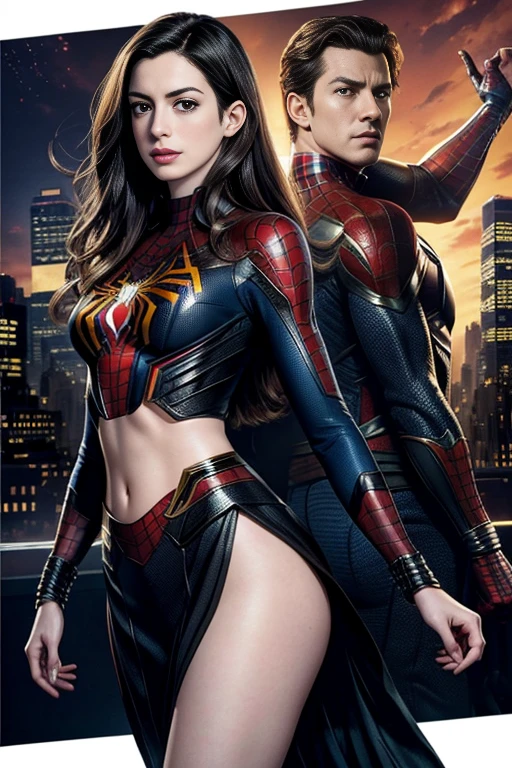 Anne Hathaway、Marvel Comics Movie Poster, Very beautiful, Movies about Spiderman, sexy, whole body, I'm wearing a skirt、Premiere date, Poster、belly buttonを突き出す、new york、She's wearing a torn Spider-Man suit,The suit is torn、Wearing a skirt、 Red and black color scheme,dynamic、masterpiece、highest quality、Ultra-detailed、Very detailed、A delicate and beautiful shine、超A high resolution、Cinematic,Break,Breakdrop,(Torn clothes:1.5), (Wet clothes:1.4), Bare shoulders,Real Rain,Wet Hair,belly button、Exposing Skin、Showing off her sexy shoulders