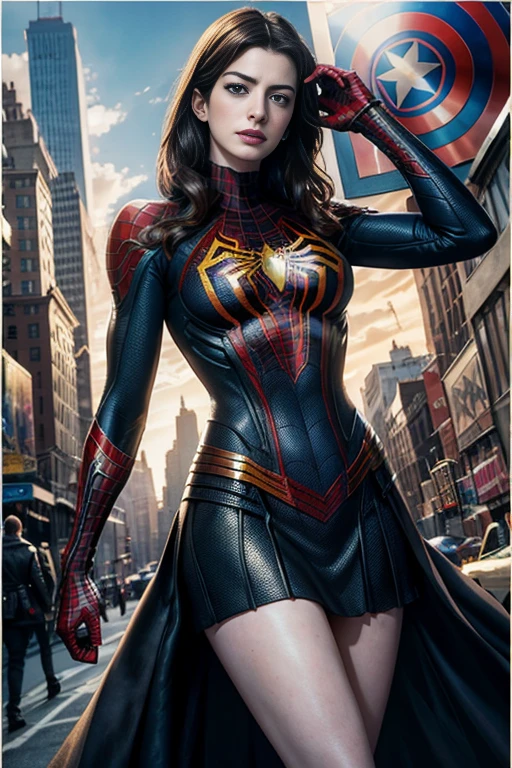 Anne Hathaway、Marvel Comics Movie Poster, Very beautiful, Movies about Spiderman, sexy, whole body, I'm wearing a skirt、Premiere date, Poster、belly buttonを突き出す、new york、She&#39;s wearing a torn Spider-Man suit,The suit is torn、Wearing a skirt、 Red and black color scheme,dynamic、masterpiece、highest quality、Ultra-detailed、Very detailed、A delicate and beautiful shine、超A high resolution、Cinematic,Break,Breakdrop,(Torn clothes:1.5), (Wet clothes:1.4), Bare shoulders,Real Rain,Wet Hair,belly button、Exposing Skin、Showing off her sexy shoulders