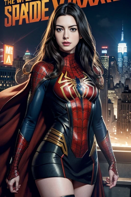 Anne Hathaway、Marvel Comics Movie Poster, Very beautiful, Movies about Spiderman, sexy, whole body, I'm wearing a skirt、Premiere date, Poster、belly buttonを突き出す、new york、She&#39;s wearing a torn Spider-Man suit,The suit is torn、Wearing a skirt、 Red and black color scheme,dynamic、masterpiece、highest quality、Ultra-detailed、Very detailed、A delicate and beautiful shine、超A high resolution、Cinematic,Break,Breakdrop,(Torn clothes:1.5), (Wet clothes:1.4), Bare shoulders,Real Rain,Wet Hair,belly button、Exposing Skin、Showing off her sexy shoulders