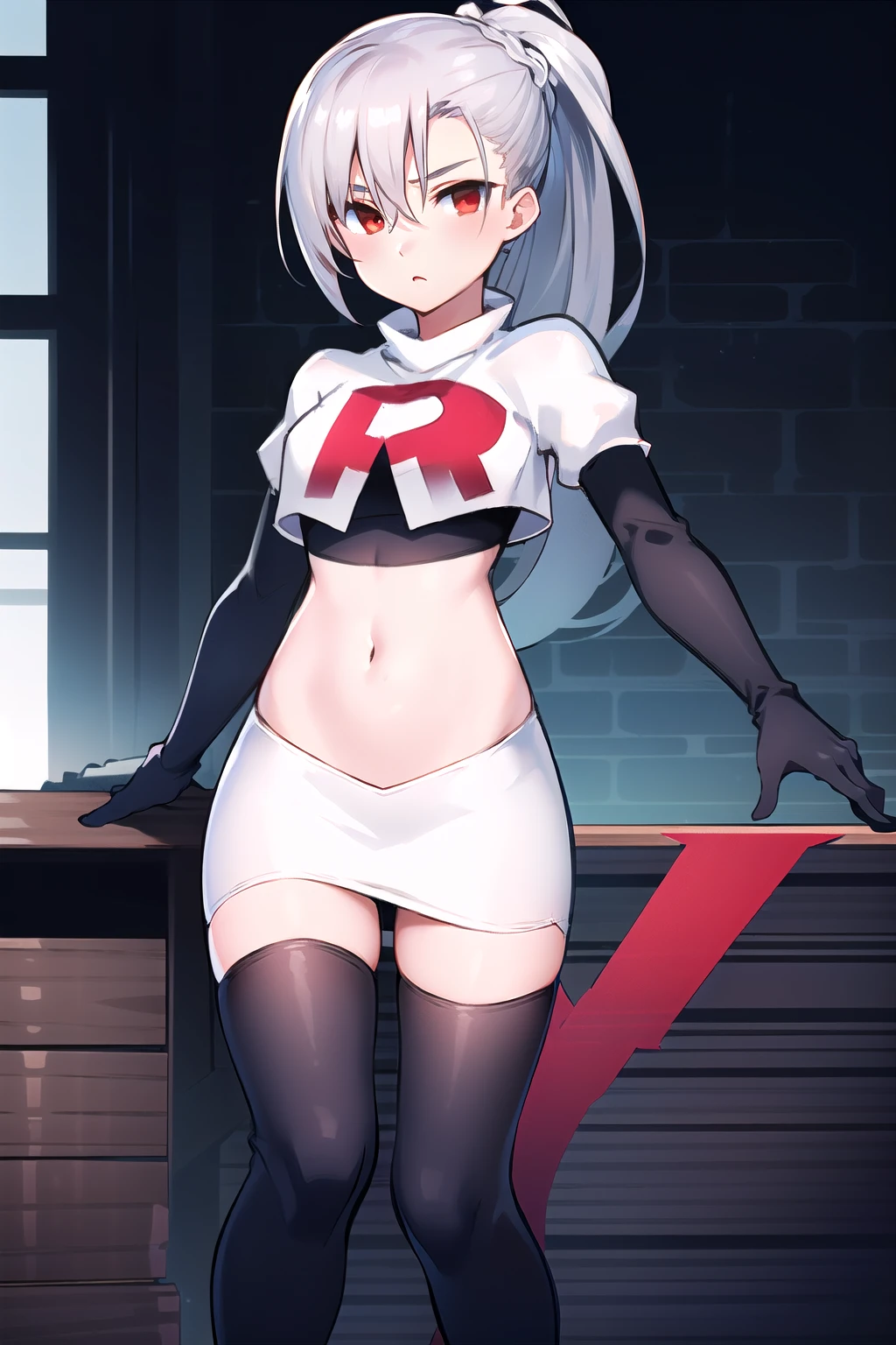 absurdres, 1girl, small breast, white hair, team rocket,team rocket uniform, red letter R, white skirt,white crop top,black thigh-highs,black elbow gloves