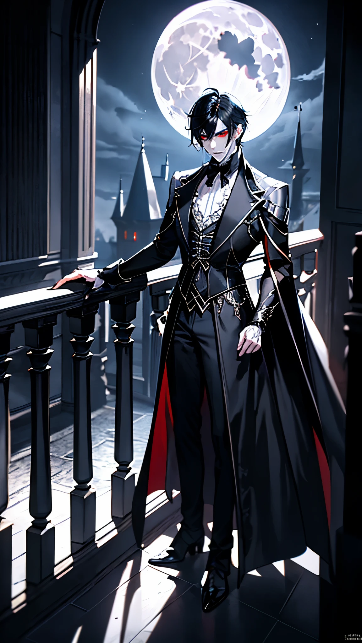  A beautiful gothic vampire man. Standing on a balcony under the moon. misterioso. Volumetric light, high dynamic range., pelo negro  y ojos rojos brillantes. 