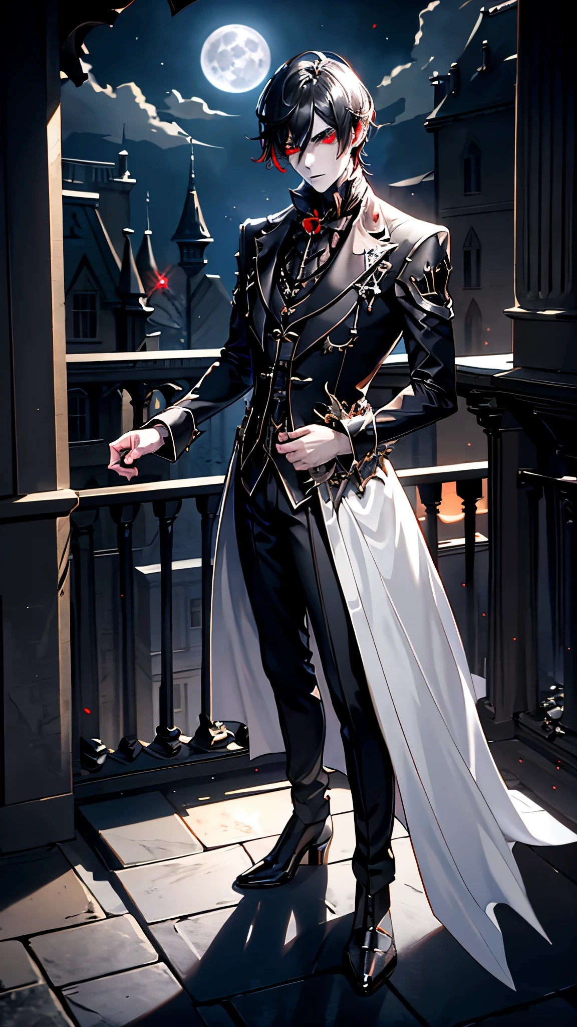  A beautiful gothic vampire man. Standing on a balcony under the moon. misterioso. Volumetric light, high dynamic range., pelo negro  y ojos rojos brillantes. 