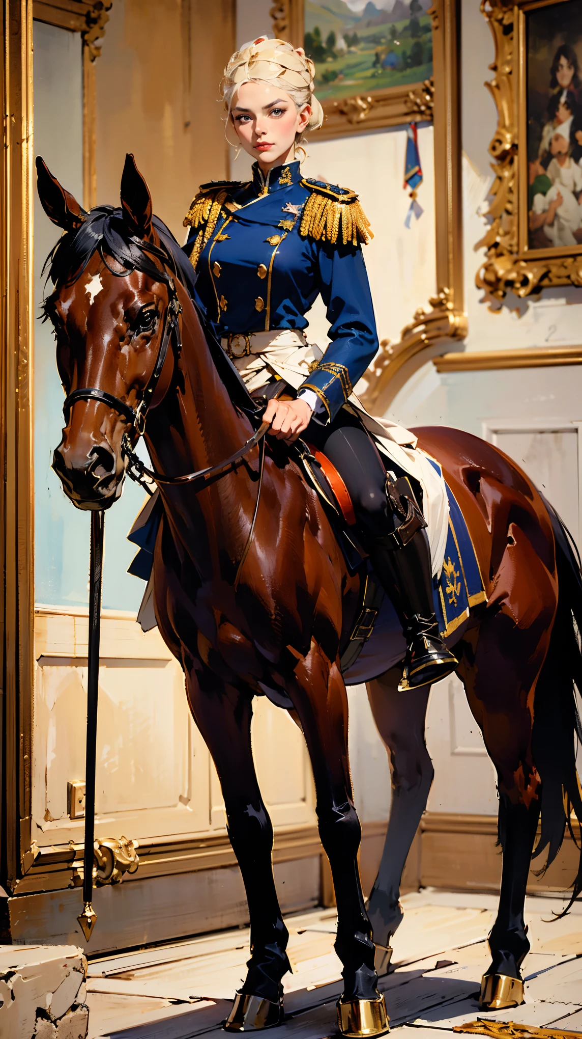 (Best quality, 4K, high resolution, masterpiece, ultra-detailed, realistic anatomy, photo-realistic:1.37), alluring young woman, princess, high-ranking military officer, (on horse back), (wearing Prussian style regal uniform), (dark purple double-breasted jacket adorned with medals), (matching breeches), (matching shoulder cape), Prussian field marshal cap, black stocking, long heel boots, platinum blonde hair, elegantly styled in a chignon bun, standing authoritatively while holding the Field Marshal's baton, This full-body portrait captures her formidable presence and power, with sharp focus on her uniform's intricate details, her numerous medals, and her intense gaze, The image evokes an aura of experience, discipline, and supreme authority, set against an impressive military headquarters backdrop,