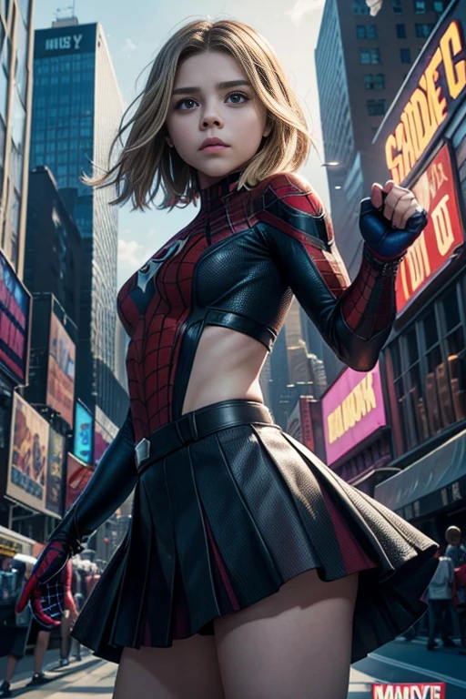 Chloe Grace Moretz、Marvel Comics Movie Poster, Very beautiful, Movies about Spiderman, sexy, whole body, I'm wearing a skirt、Premiere date, Poster、belly buttonを突き出す、new york、She&#39;s wearing a torn Spider-Man suit,The suit is torn、Wearing a skirt、 Red and black color scheme,dynamic、masterpiece、highest quality、Ultra-detailed、Very detailed、A delicate and beautiful shine、超A high resolution、Cinematic,Break,Breakdrop,(Torn clothes:1.5), (Wet clothes:1.4), Bare shoulders,Real Rain,Wet Hair,belly button、Exposing Skin、Showing off her sexy shoulders