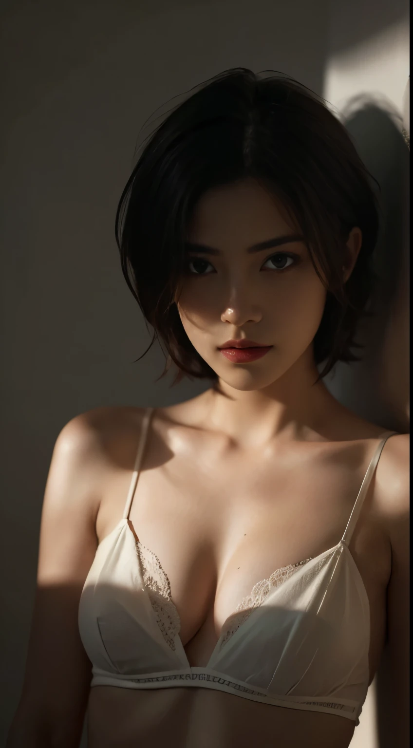 Best quality, masterpiece, ultra high res, (photorealistic:1.5), raw photo, 1girl,, in the dark, deep shadow, low key, cold light, sexy look, short hair, smooth , sexy , leaf shadow, no bra