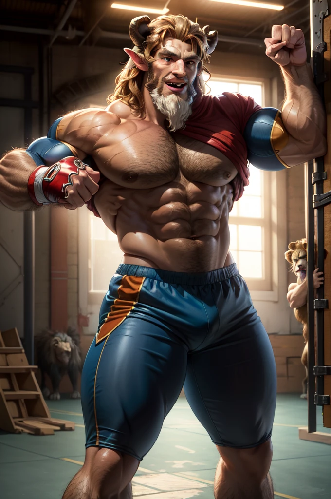 a close-up of a man with horned head and blue shorts, muscular, muscular and scary lion, brown blue, muscular, elbow pads, arm bands, topless male, red and white tight pants, underground fight club, standing, smile, (insanely detailed, beautiful detailed face, masterpiece, best quality) solo, beard, school, playground, muscles, facial hair, volumetric lighting, depth of field, wheezing, raised crotch, handsome action, big dynami