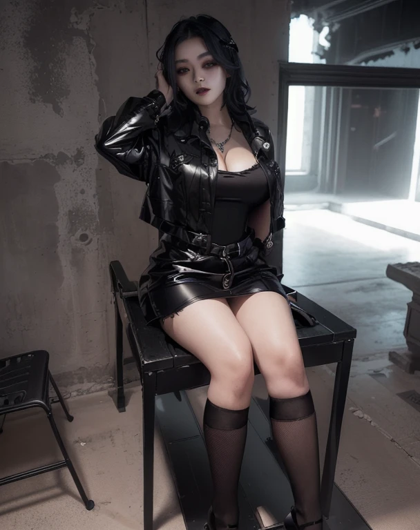 Mujer araffed en traje de cuero negro sentado en una repisa, cruel korean gothic girl, seductive dark fantasy cyberpunk, chica anime cosplay, gothic girl, , mirada sexy, succubus in short tight dress, chica anime seductora, gothic costume, gothic girl aesthetic, beautiful succubus, wearing modern gothic clothing, 1 7 - year - old gothic girl, 8k))