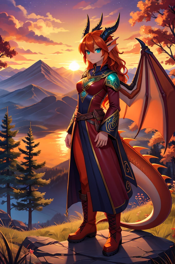 anime style art, fantasy style art, beautiful Celtic dragon girl, European girl, long wavy bright orange hair, bright teal eyes, realistic and sparkling teal eyes looking at viewer, shapely body, skinny body, healthy body, purple and red warrior outfit, red clothes, 2 red dress coattails hanging down her sides, high brown leather boots, long draping red sleeves, 2 large orange dragon wings, wings on both sides, orange dragon horns, standing on top of a hill, sunset, mountains and trees in the distance, high quality digital art, 2k, professional illustration