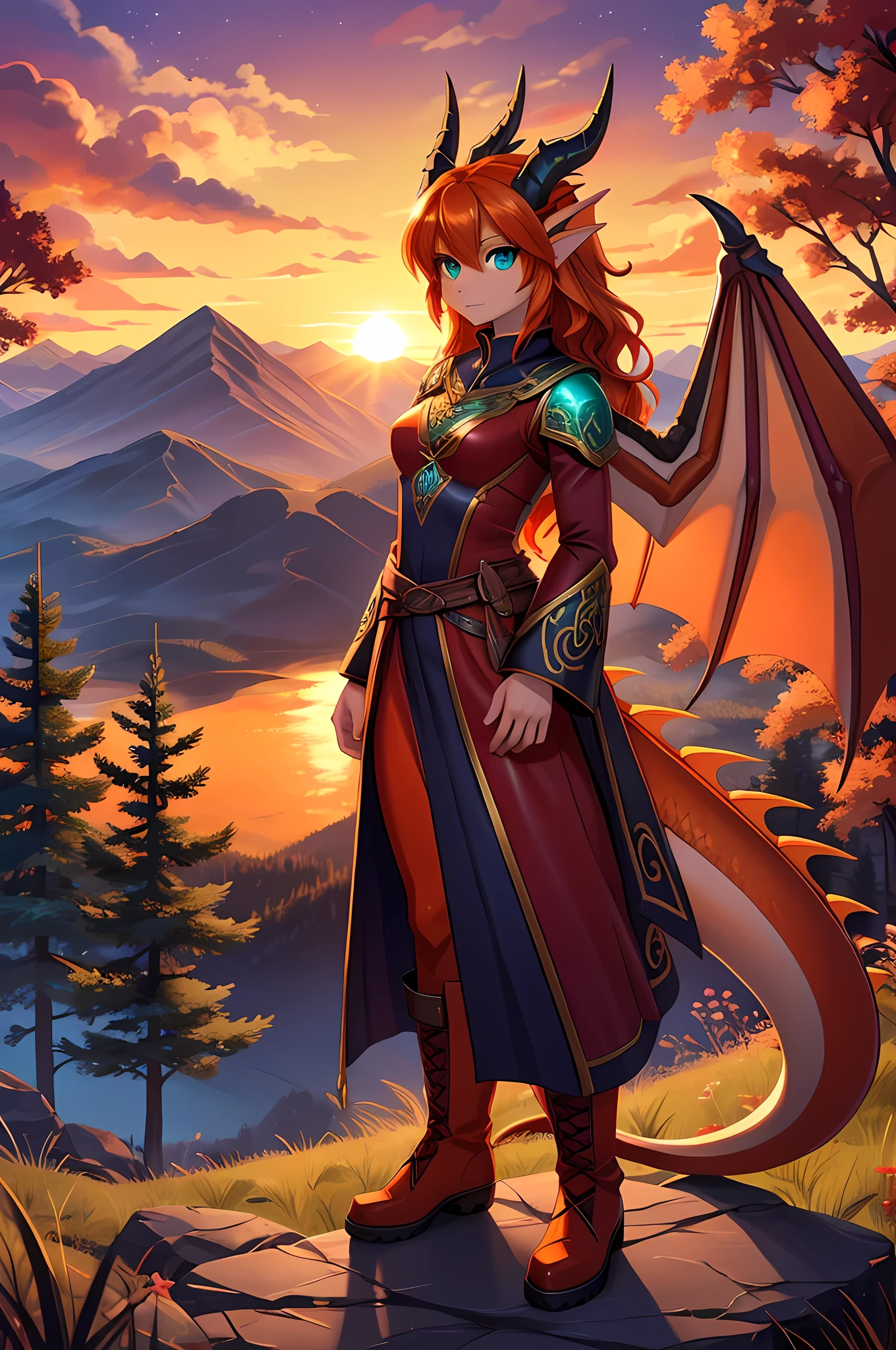 anime style art, fantasy style art, beautiful Celtic dragon girl, European girl, long wavy bright orange hair, bright teal eyes, realistic and sparkling teal eyes looking at viewer, shapely body, skinny body, healthy body, purple and red warrior outfit, red clothes, 2 red dress coattails hanging down her sides, high brown leather boots, long draping red sleeves, 2 large orange dragon wings, wings on both sides, orange dragon horns, standing on top of a hill, sunset, mountains and trees in the distance, high quality digital art, 2k, professional illustration