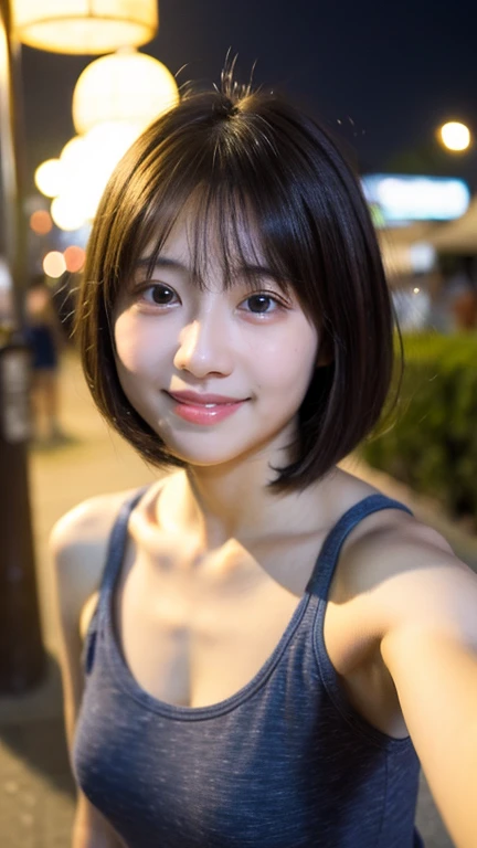 high quality、Attention to detail、masterpiece、8k shooting、18-year-old high school girl、Upper body front selfie style、Cute bob cut for round faces、Smiling Japanese person、In the summer park、night