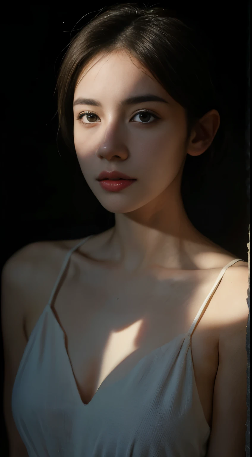 Best quality, masterpiece, Ultra high resolution, (realistic: 1.5), original photo, 1 girl, shoulder, in the dark, deep shadow, overhead with photographic lighting, understated, cool light, sexy look, short hair