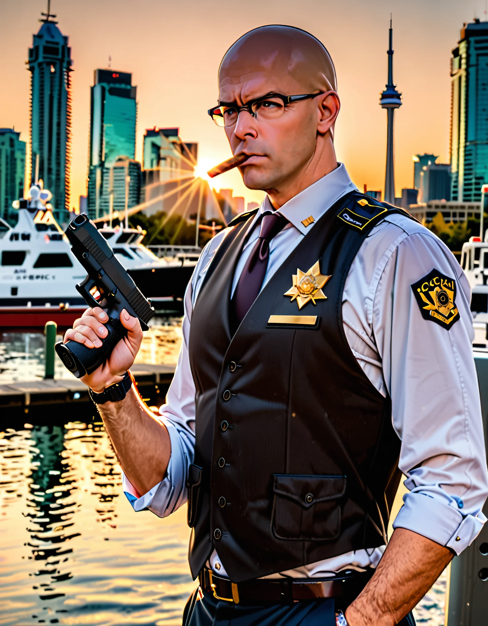 ((masterpiece, best quality, hires)), 1boy, male focus, solo focus, mature adult, age 45, canadian police officer, police captain, smoking a cigar, dark brown suit and tie, loose necktie, opened vest, white vest, bald head with black hair sideburns, dark brown eyes, ((glasses)), ((using Glock17 handgun)), in front of a patrol cruiser, toronto city backdrop, cowboy shot, sunset, serious look on his face.