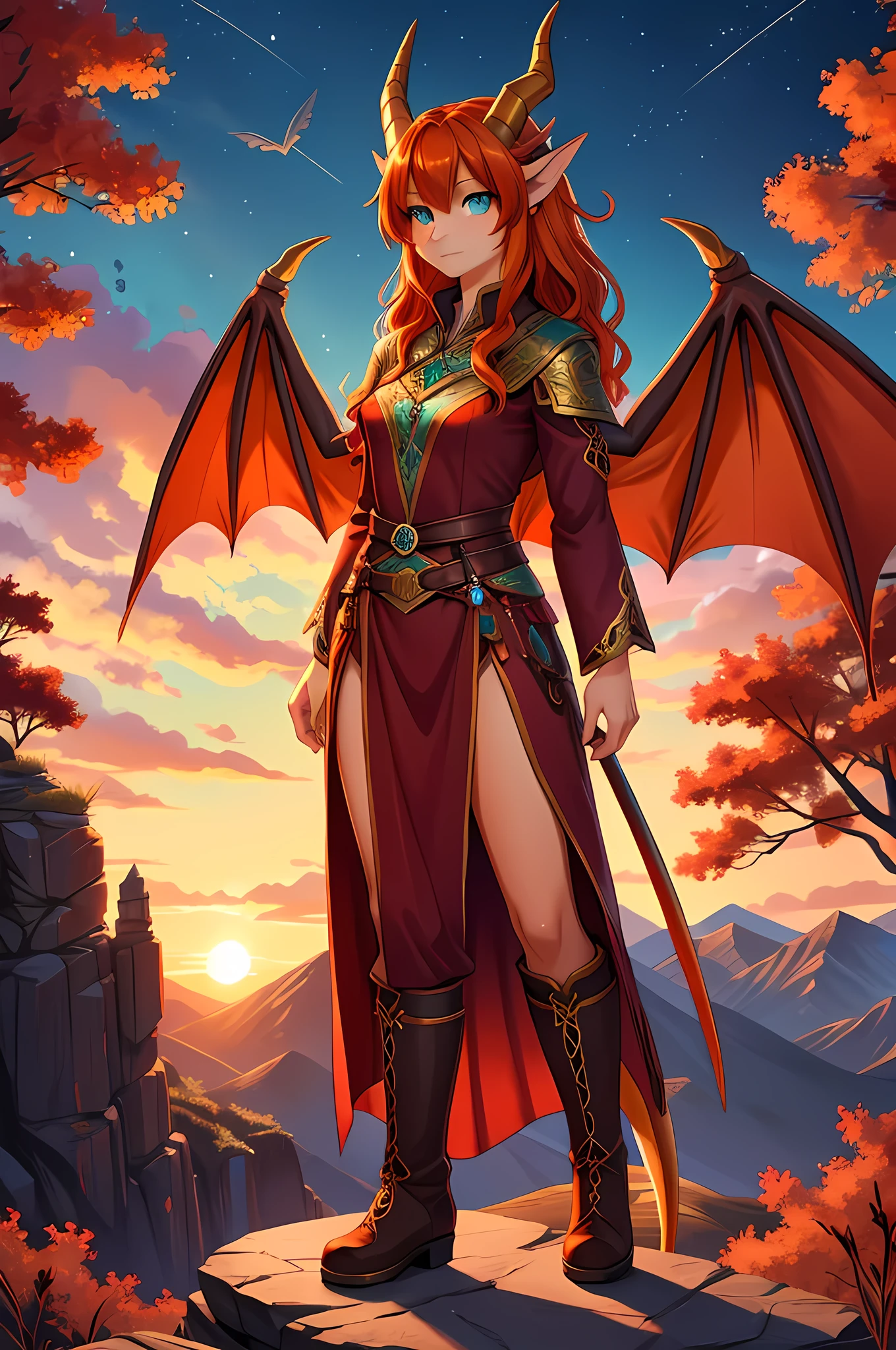 anime style art, fantasy style art, beautiful Celtic dragon girl, European girl, long wavy bright orange hair, bright teal eyes, realistic and sparkling teal eyes looking at viewer, shapely body, skinny body, healthy body, mature body, 19-yeal-old girl, purple and red warrior outfit, red clothes, 2 red dress coattails hanging down her sides, high brown leather boots, long draping red sleeves, 2 large orange dragon wings, wings on both sides, orange dragon horns, standing on top of a hill, sunset, mountains and trees in the distance, high quality digital art, 2k, professional illustration