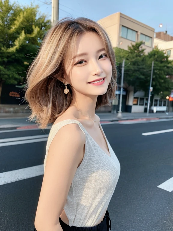masterpiece, highest quality, High resolution,alone,Two-tone hair, Small earrings,Artistic,Best lighting,casual,Flat Chest,Beautiful Face,expensive,smile,light makeup,natural,Age 25,Calm woman,Hair blowing in the wind,Blurred Background,Face Focus,Detailed Hair,A woman laughing,Cafe,Woman with her hair tied up,Forehead,short hair,cool,Pants style women