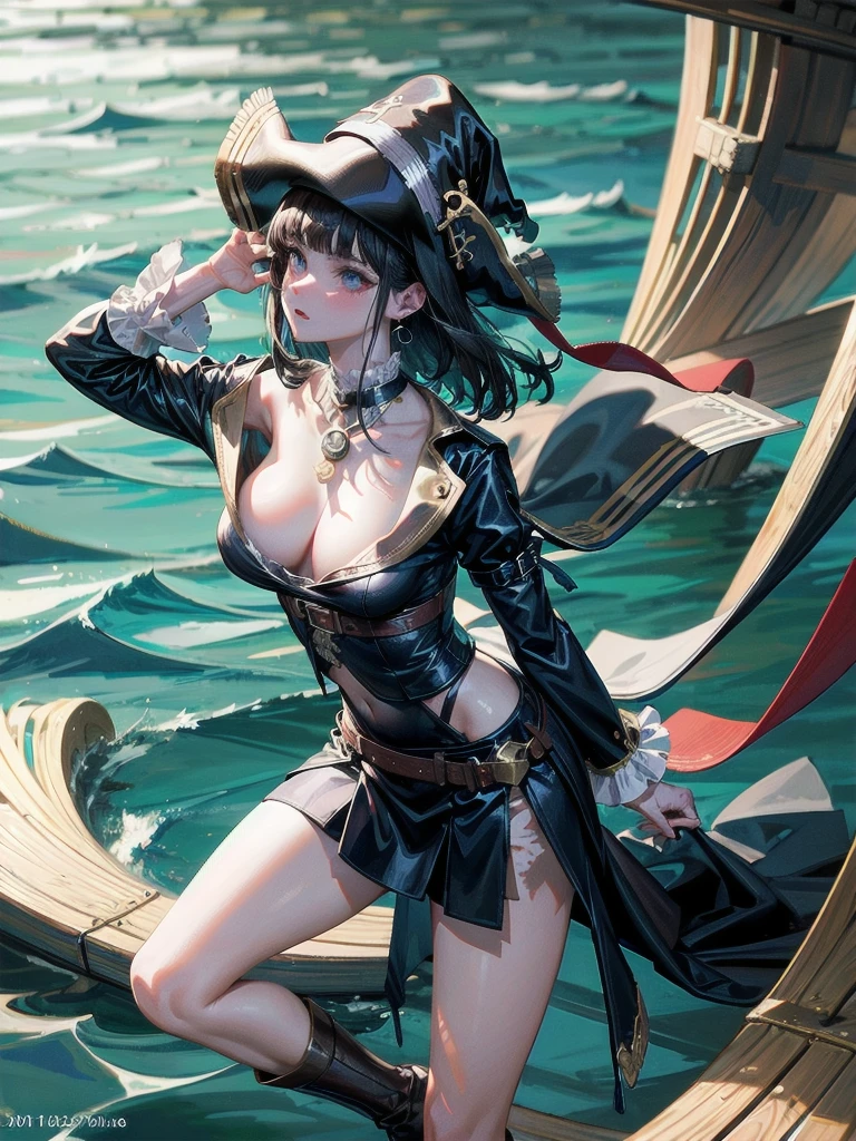 Practical pirate clothing, Long-sleeved pirate top, Skirt, torn pirate hat, absurdres, RAW photo, extremely delicate and beautiful, masterpiece, Best Quality, ultra high resolution, 32k, hyperrealistic, ultra-detailed, detailed description, pale skin, 20 years old, tearful mole, earring, , short medium hair, wavy hair, whole body shot,
