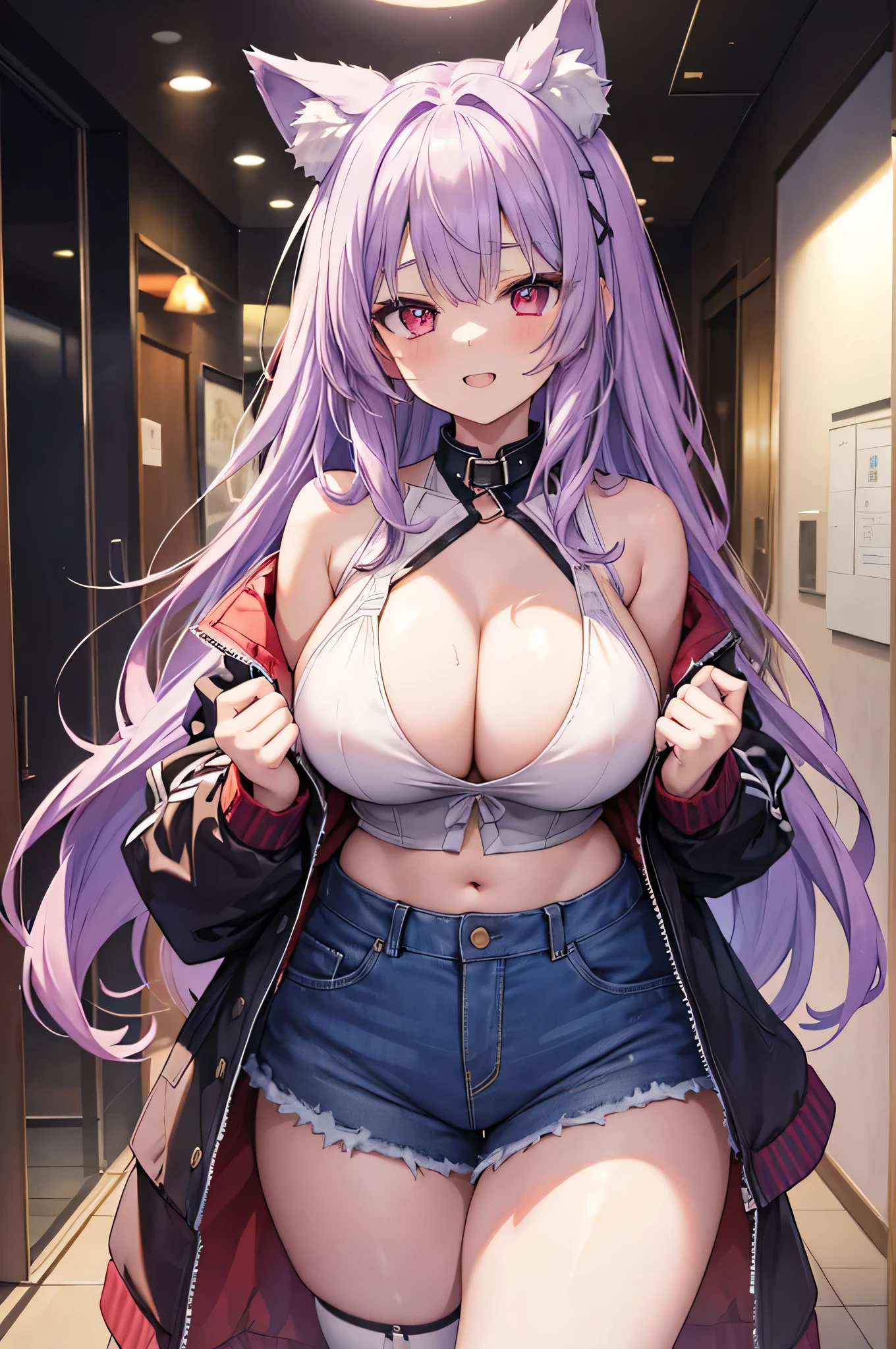 The best masterpiece、Wolf Girl, Large Breasts, Voluminous light purple hair, masterpiece , Red eyes, hd, Thick thighs, Head to Chest, buried in my chest、Double teeth、tooth、Chubby、Grinning、Bunny girl、Big Tits、Denim Jacket、white iris、