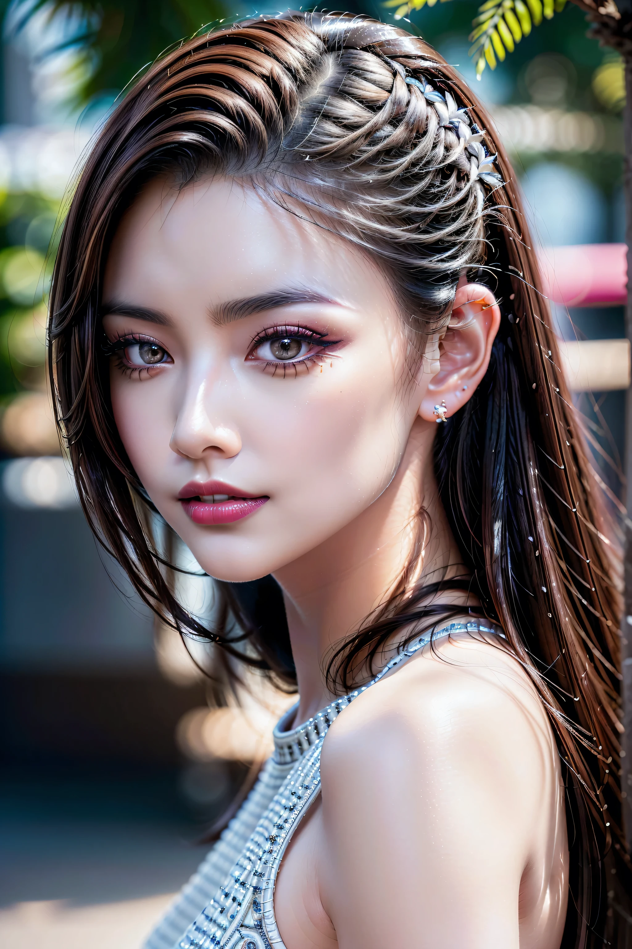 (1girl:1.35, 20-year-old), (in the light of the full moon, a girl walking along a tropical promenade((full moon, night), (moon sign), (full moon night)), (planks, palm trees, bushes, rock, sea), (full background in focus:1.3), ((background WITHOUT blurry:1.4)), Realism, highest resolution, (highest quality realistic texture skin), ((highest quality realistic texture long curly hair(((slicked to the two side)))Intricately detailed:1.44)), ((perfect proportions)), ((anatomically correct: very small round head:1.4)), ((firm and full breasts:1.25)), (the most absurd quality eyes:1.3), ((super natural beautiful cute sharp face)insanely good quality:1.25), (light pale complexion), ((clear no blur and sharp perfect round realistic brown_eyes:1.4)insanely good detail:1.25), (finaly detailed round pupils:1.25), detailed lips:1.3, (long_blue_eyeliner), (pink_lipstick:1.2), ((perfect dark_eyeshadows:1.3)), (Detailed nose:1.2), perfect composition, ((pale skin:1.3)), ((dry skin:1.3)), ((face expressions, evil smile:1.3)), (Upper body shot), ((highly elaborate extravagant microscopic street outfit:1.17)), ((close up of her face)), perfect composition, ((look at the viewer)), Depth of the bounds written, maximum clarity and sharpness, (((very clear not blurry background:1.4)))