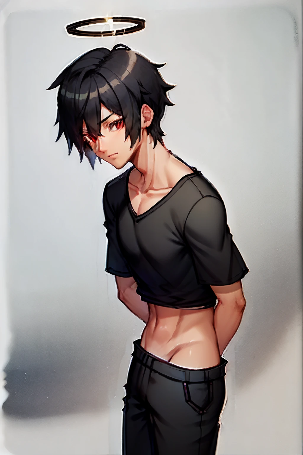Make a man with black hair, sem blusa, com um short preto, with a halo of leaves on her head, de olhos verdes.