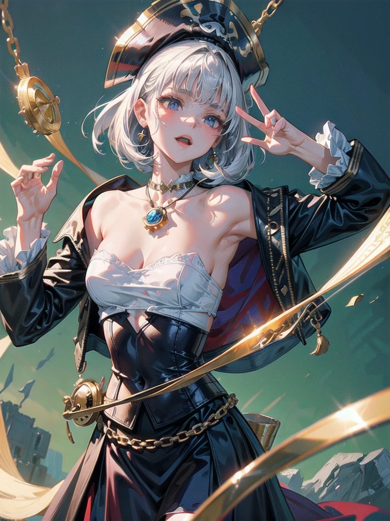 (Practical pirate clothing), Long-sleeved pirate top, Skirt, torn pirate hat, absurdres, RAW photo, extremely delicate and beautiful, masterpiece, Best Quality, ultra high resolution, 32k, hyperrealistic, ultra-detailed, detailed description, pale skin, 20 years old, tearful mole, earring, big tits, short medium hair, wavy hair, whole body shot,
