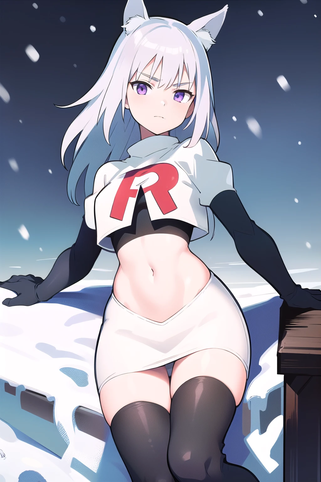 masterpiece, best quality, 1girl, aurora e. juutilainen, dog tail, animal ears, purple eyes, silver hair, outside, snow, team rocket,team rocket uniform,white skirt,red letter R,crop top,black thigh-highs,black elbow gloves