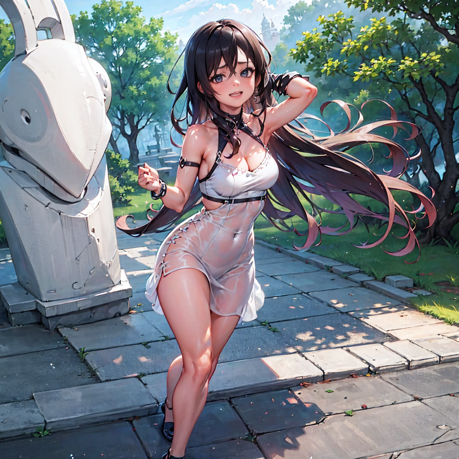 Uma mulher usando um longo vestido branco, Perna exposta, saltos brancos, walking on the sidewalk of a modern city, silver bracelet on arm, cabelo longo rosa choque com franjas grisalhas, olhos rosa, sorridente, seios grandes, Unhas rosa, fundo desfocado, segurando uma bolsa de couro branca,
sombra projetada, anaglyph, estereograma, tachi-e, point view, atmospheric perspective, 8k, superdetalhe, preciso, melhor qualidade, premiado, pele texturizada, high resolution, Anatomicamente Correto, efeito bokeh, ((mulher sozinha)