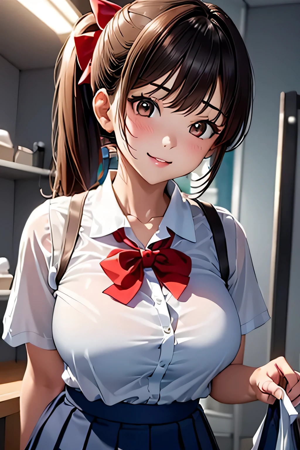 (((Adult female:1.3))),(((Change clothes in the changing room:1.3))),(((clothes on hangers:1.3))),(((Sailor suit))),(((Pleated skirt revealing skin))),(Dark red bow tie:1.3),Cute face,Extreme close up of face,Shiny light brown and orange striped short hair,Messy ponytail,Cute Smile,Perfect round face,iris,(hairpin、ponytail、Floating Hair、),Large Breasts.Professional Lighting,Cinematic Light,(Tabletop,highest quality,Ultra-high resolution output images,) ,(8K quality,),(Ocean Art 2.0 Mode:1.3),(Picture Mode Ultra HD,)