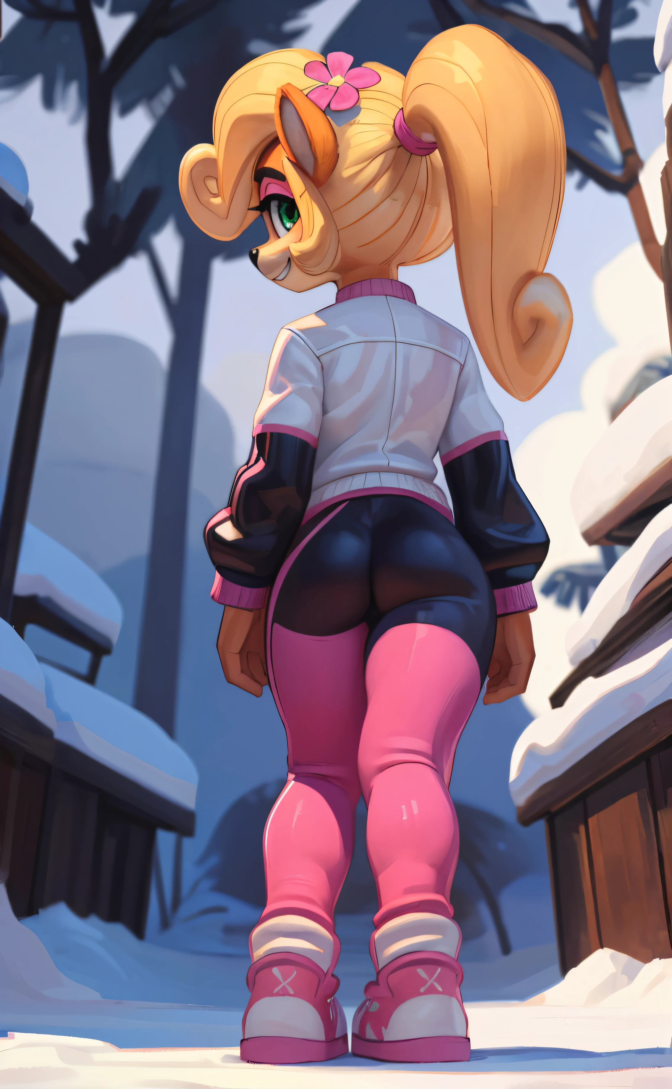 [Coco bandicoot], [Uploaded to e621.net; (Pixelsketcher), (wamudraws)], ((masterpiece)), ((HD)), ((solo portrait)), ((full body)), ((front view)), ((furry; anthro)), ((detailed fur)), ((detailed shading)), ((beautiful render art)), ((back view)), ((feet visible)), ((intricate details)), {anthro; orange fur, black nose, (cute green eyes), (short eyelashes), (pink eyeshadow), blonde curly hair, curly ponytail, (gorgeous hips), (beautiful legs), (cute grin)}, {(white shirt), (pink fluffy jacket), (tight black spandex yoga pants pink lines), (pink sneakers), (pink flower on head)}, {(standing), (looking at viewer)}, [background; (tropical forest), (snow), (beaten pathway), (blue sky), (cloudy)]