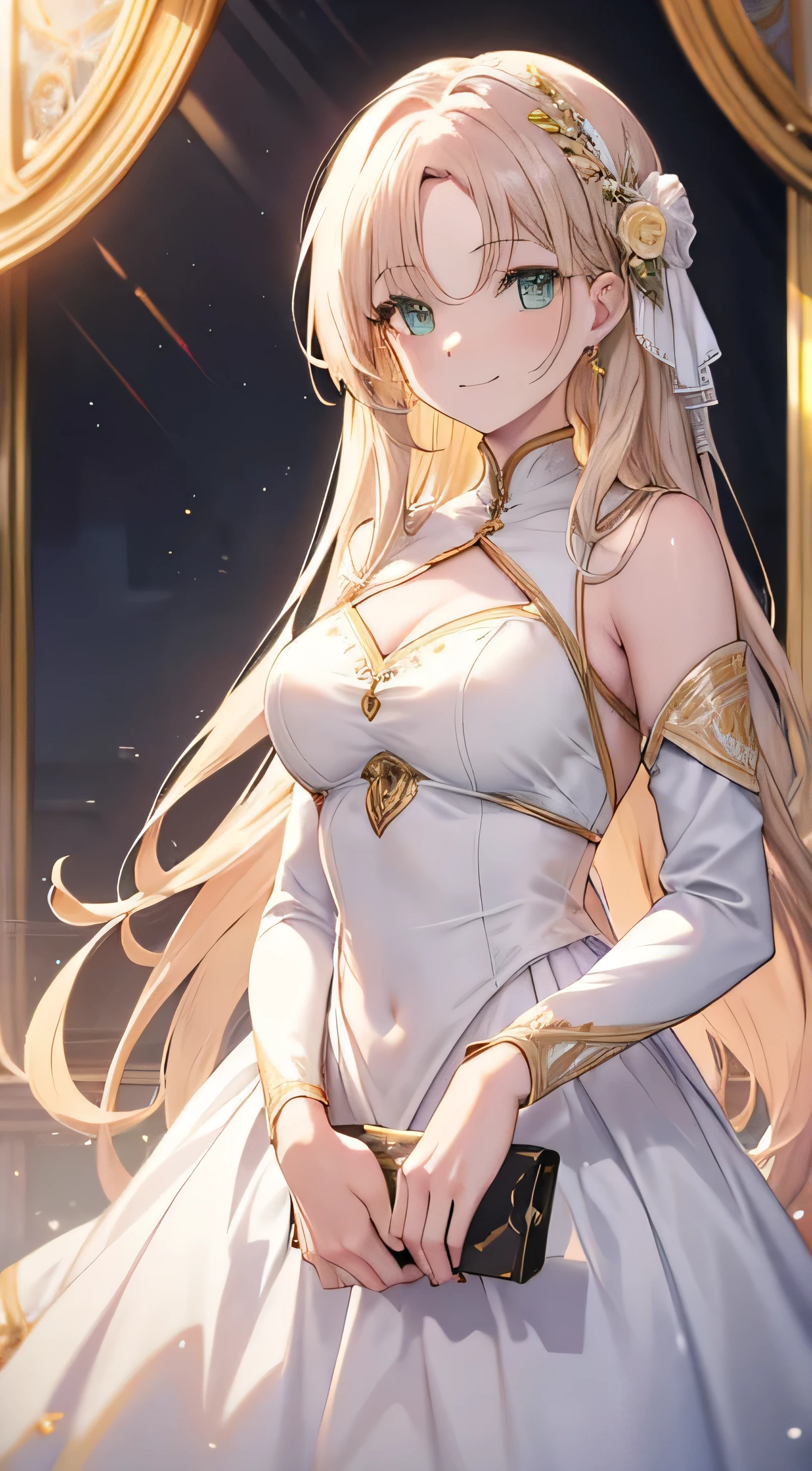 A beautiful woman, long golden hair, yellow and green eyes, wearing white royal dress, was smiling sweetly, Face the camera straight symmetrically