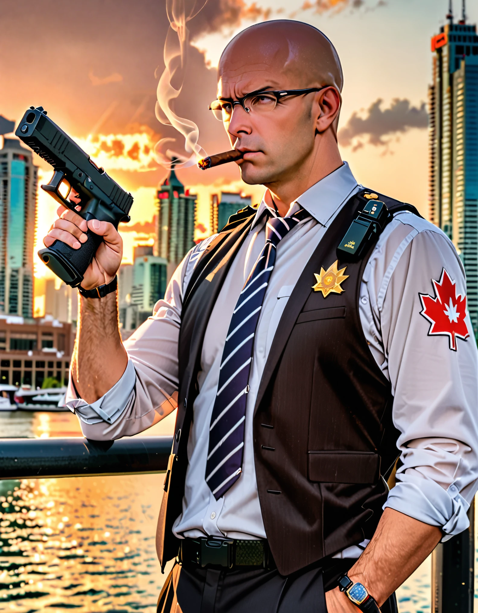 ((masterpiece, best quality, hires)), 1boy, male focus, solo focus, mature adult, age 45, canadian police officer, police captain, smoking a cigar, dark brown suit and tie, loose necktie, opened vest, white vest, bald head with black hair sideburns, dark brown eyes, ((glasses)), ((using Glock17 handgun)), in front of a patrol cruiser, toronto city backdrop, cowboy shot, sunset, serious look on his face.