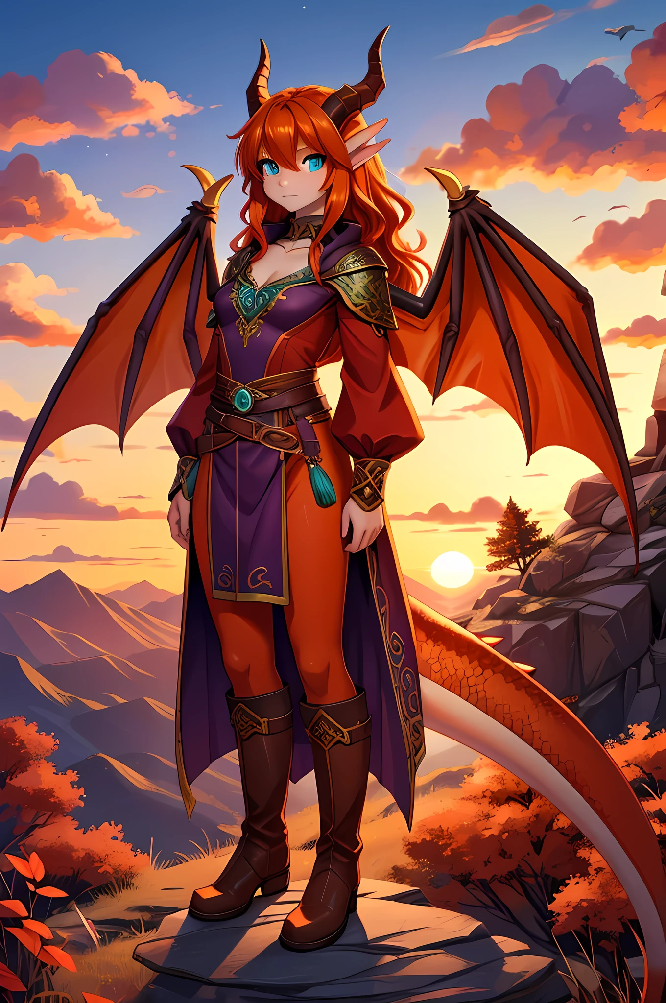 anime style art, fantasy style art, beautiful Celtic dragon girl, European girl, long wavy bright orange hair, bright teal eyes, realistic and sparkling teal eyes looking at viewer, shapely body, skinny body, healthy body, fully grown body, fully grown chest, purple and red warrior outfit, red clothes, 2 red dress coattails hanging down her sides, high brown leather boots, long draping red sleeves, 2 large orange dragon wings, wings on both sides, orange dragon horns, standing on top of a hill, sunset, mountains and trees in the distance, high quality digital art, 2k, professional illustration