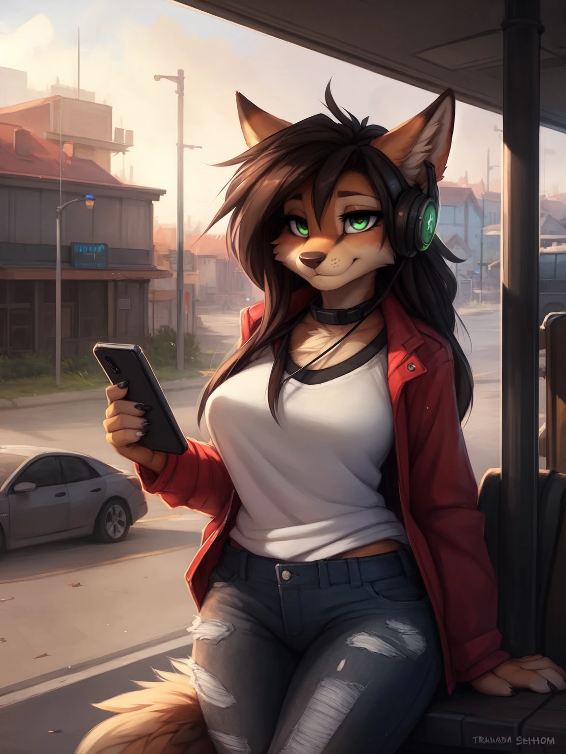 by kenket, Ross Tran, ruan jia, zaush, foxovh, by Zackary911, by hyattlen, by teranen, by fumiko, by Pixelsketcher, by Bayard Wu, by Thomas Benjamin Kennington, by Einshelm, by Kilinah, by Coffeesoda, by Hioshiru, by fluff-kevlar, bye r-mk, by Dimwitdog, Furry, Anthro, long hair, (long hair), cinematic lighting, ((fluffy tail)), bored, wide hips, eyeshadow, eyeliner, (green eyes), (long eyelashes), big breasts, headphones around neck, holding smartphone, (looking at smartphone), texting, tomboy, (voluptuous), bus stop, outdoors, ripped jeans,