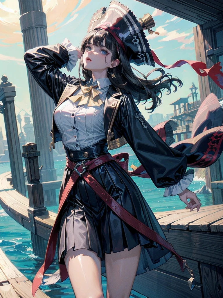 (Practical pirate clothing), Long-sleeved pirate top, Skirt, torn pirate hat, absurdres, RAW photo, extremely delicate and beautiful, masterpiece, Best Quality, ultra high resolution, 32k, hyperrealistic, ultra-detailed, detailed description, pale skin, 20 years old, tearful mole, earring, big tits, short medium hair, wavy hair, whole body shot,