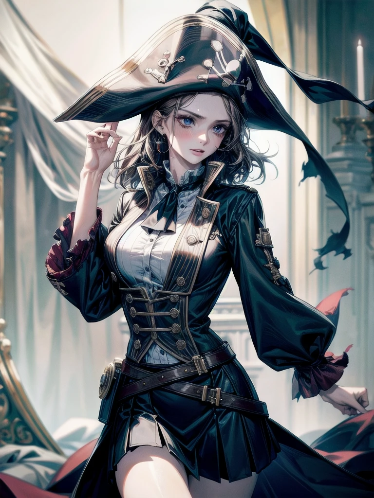(Practical pirate clothing), Long-sleeved pirate top, Skirt, torn pirate hat, absurdres, RAW photo, extremely delicate and beautiful, masterpiece, Best Quality, ultra high resolution, 32k, hyperrealistic, ultra-detailed, detailed description, pale skin, 20 years old, tearful mole, earring, big tits, short medium hair, wavy hair, whole body shot,