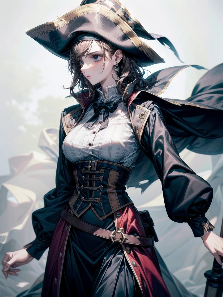 (Practical pirate clothing), Long-sleeved pirate top, Skirt, torn pirate hat, absurdres, RAW photo, extremely delicate and beautiful, masterpiece, Best Quality, ultra high resolution, 32k, hyperrealistic, ultra-detailed, detailed description, pale skin, 20 years old, tearful mole, earring, big tits, short medium hair, wavy hair, whole body shot,