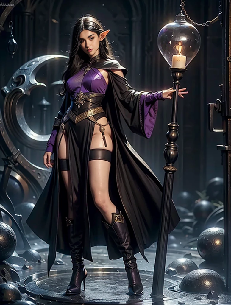 Fantasy art, Gothic art, (masterpiece:1.5), whole body, best details, very detailed, Best quality, glowing purple, a high resolution, Full-length portrait of a vampire, elf (masterpiece, Best quality: 1.6), ultra feminine, Wizard, (complex parts, masterpiece, Best quality: 1.5) with long, curly hair,  black hair hair, (red: 1.2) eyes, (Fantasy art, masterpiece, Best quality), ((Beautiful gentle face)), Ultra detailed face (complex parts, Fantasy art, masterpiece, Best quality: 1.5), [[vampire fangs 1.5]] (red cloak: 1.3) , flowing cloak (complex parts, Fantasy art, masterpiece, Best quality: 1.3), wear fancy clothes (BLUE:1.3) dress (complex parts, Fantasy art, masterpiece, Best quality: 1.5), high heel boots, City background (rich details, play up the details), Fantasy, In the Night Light, natural ,Moonlight, clouds, Gothic atmosphere, soft light, dynamic light, [[Anatomically correct]], high detail, Best quality, 8 K, [Ultra detailed], masterpiece, Best quality, (extremely detailed), Dynamic angle