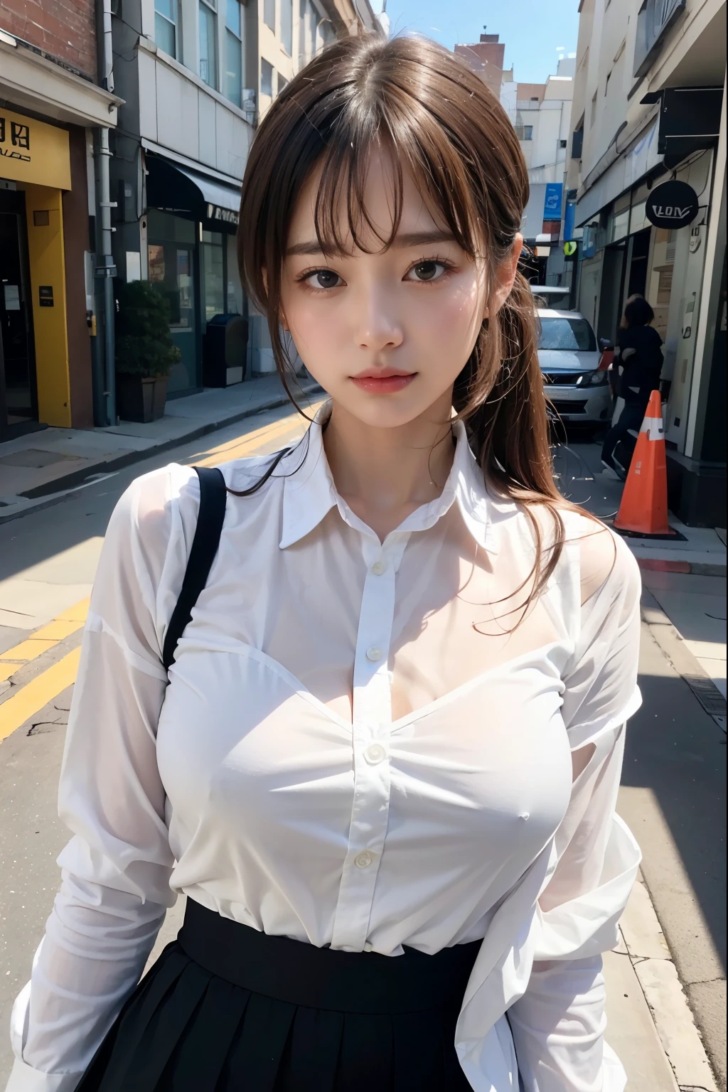 Short length、 ((White shirt、Summer clothes、Black Office Lady Skirt)), Brown Skin、Huge breasts:0.8,thin, Medium ponytail、Light brown hair,Messy bangs、Cheeky look、Redness on the cheeks、Raise the corners of the eyes、勝ち誇ったthin眉毛、Young Face、 ((Very detailed)), Perfectly detailed face, Great hands, Photorealistic images、((Full Body Shot))、street、Sexy pose