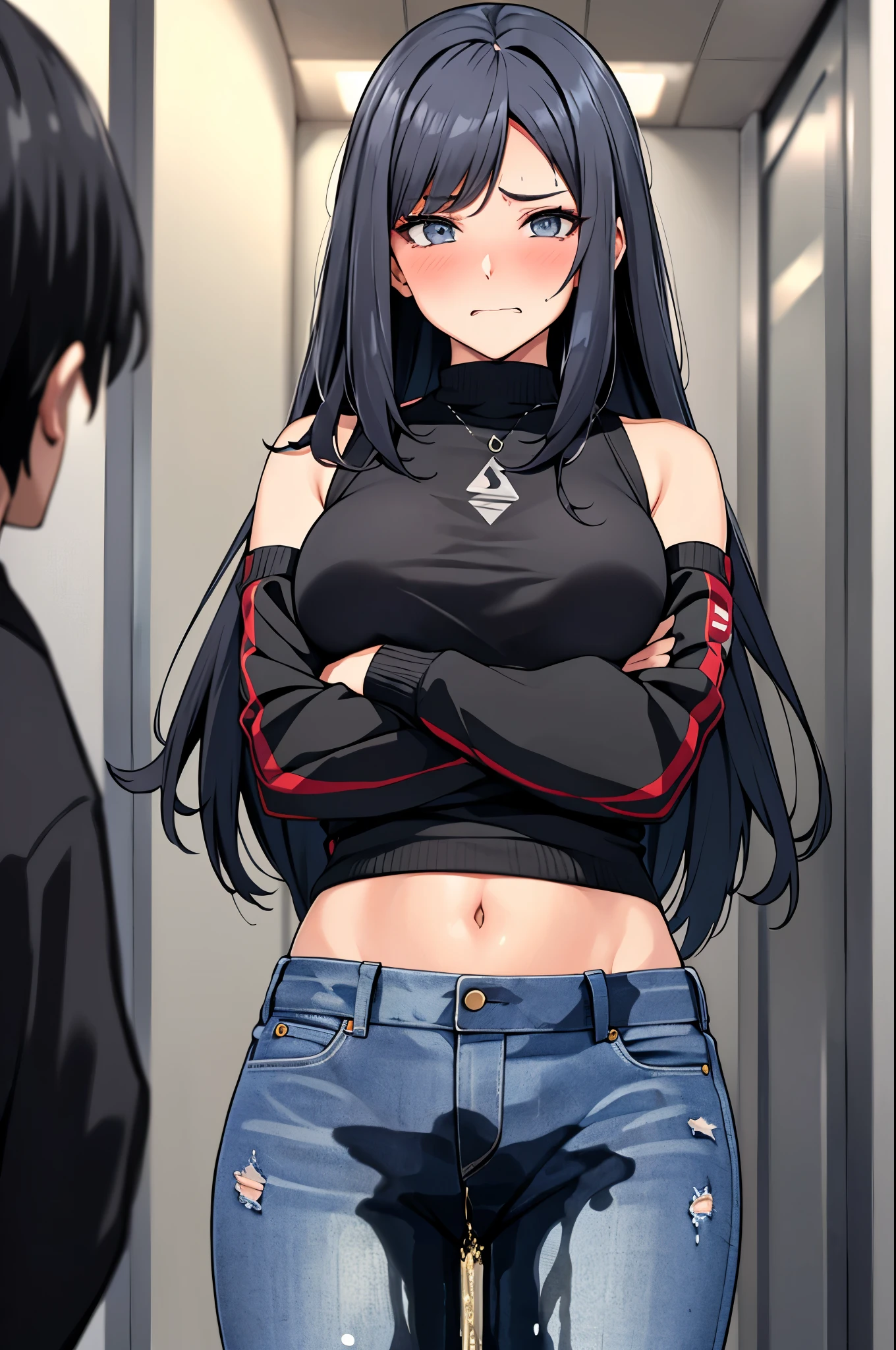 A woman with very long black hair and (very long bangs:1.5), wearing a stylish jacket and tight jeans, standing. The artwork is inspired by manga and incorporates a doujin style. The woman appears to be (wetting herself:1.5), which causes her to feel embarrassed and humiliated, resulting in a blush on her face. In addition, there is an air of anger in her expression. The lighting in the scene is moody, with a spotlight highlighting the woman's figure. She is crossing her arms, (arms crossed:1.5), fully showcasing her jeans., large breasts, navel, midriff, groin, mound of venus