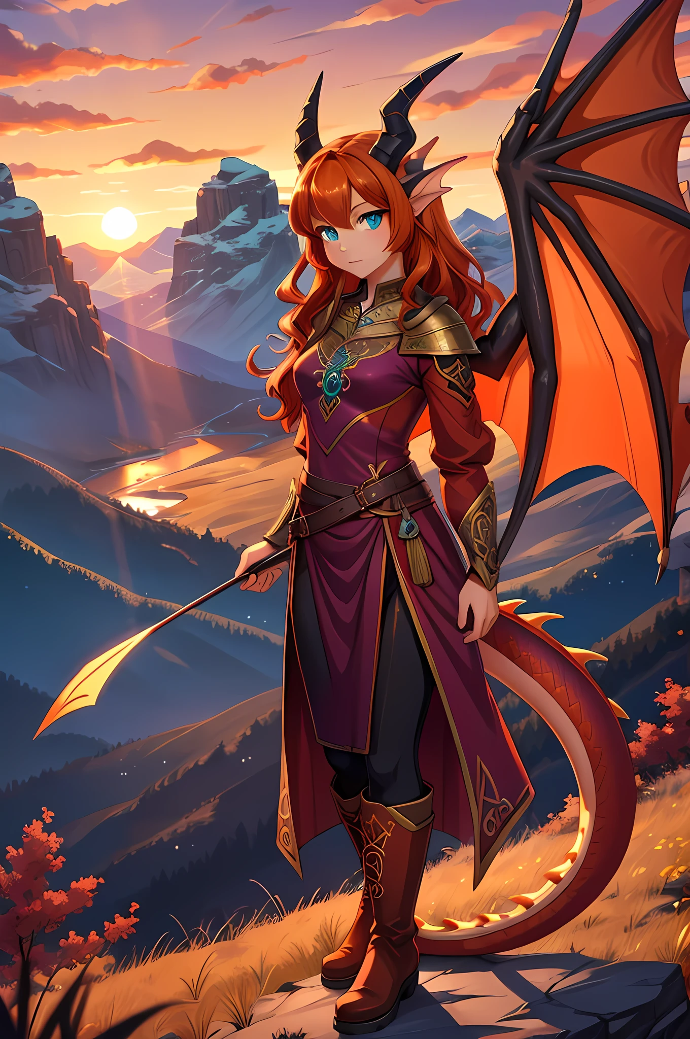 anime style art, fantasy style art, beautiful Celtic dragon girl, young adult European girl, mature young woman, long wavy bright orange hair, bright teal eyes, realistic and sparkling teal eyes looking at viewer, shapely body, skinny body, healthy body, purple and red warrior outfit, red clothes, 2 red dress coattails hanging down her sides, high brown leather boots, long draping red sleeves, 2 large orange dragon wings, wings on both sides, orange dragon horns, standing on top of a hill, sunset, mountains and trees in the distance, high quality digital art, 2k, professional illustration