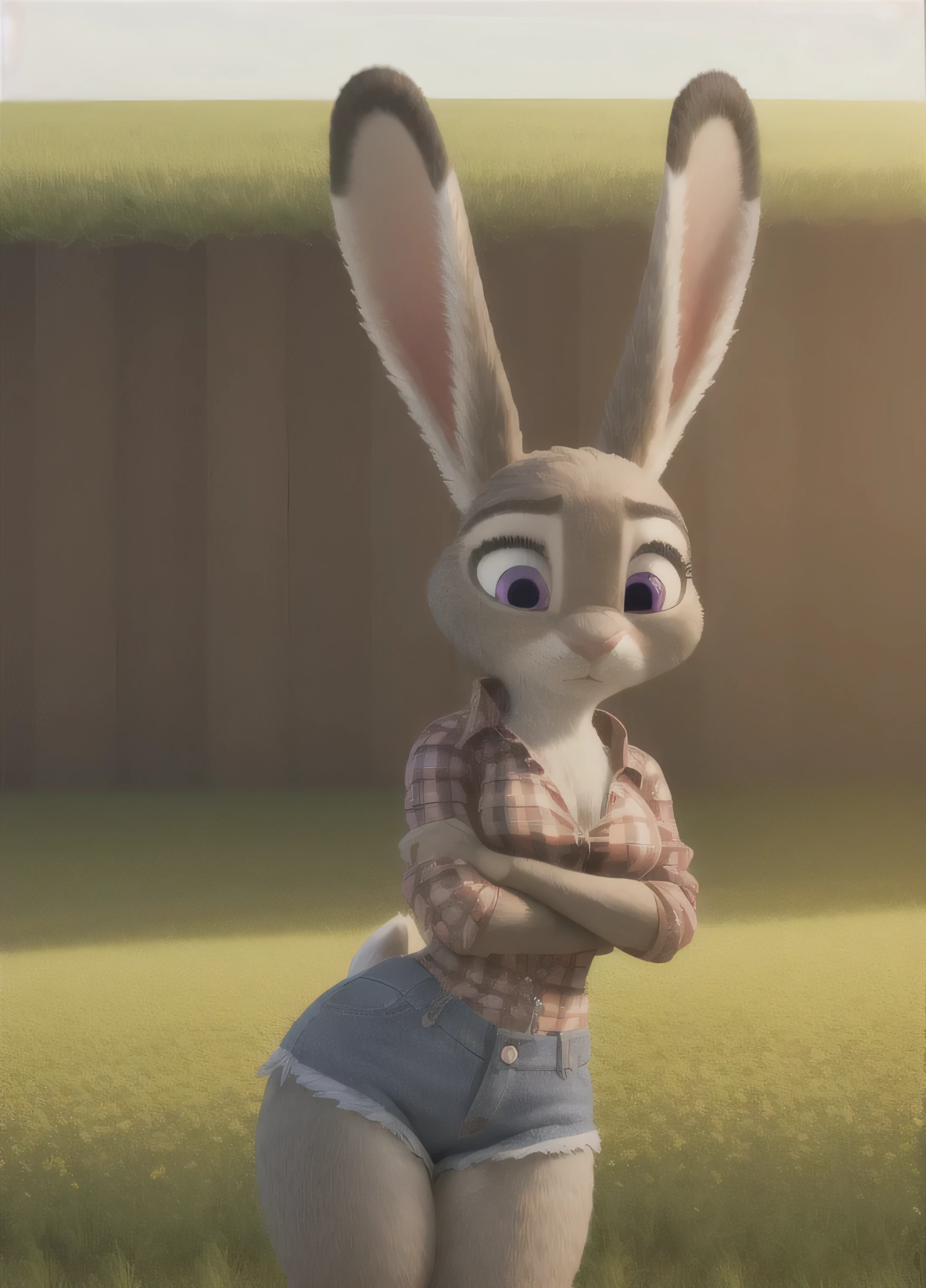 judyhopps, furry female anthro, rabbit girl, rabbit ears, plaid shirt, sleeves rolled up, denim shorts, solo, (body fur:1.2), (best quality), (farm field crops background:1.2), portrait lighting, (detailed fluffy fur:1.1), looking at viewer, smile, render, 