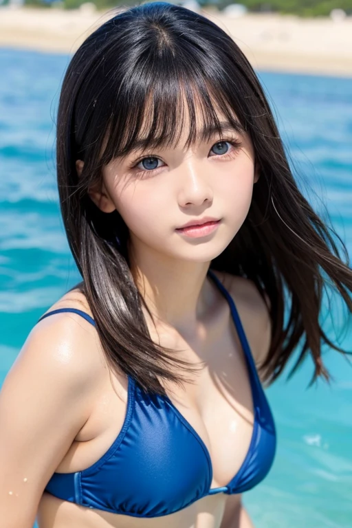 Portrait、Swimwear、フリルのSwimwearを着て、 look、Younger, brighter, whiter skin、Best Looks、Shiny black hair、Shiny bright hair,、Super long, silky straight hair、Shiny beautiful bangs、Sparkling, clear, attractive big blue eyes、A very beautiful, lovely and cute 16 year old girl、At the Beach、Okinawa&#39;s ocean、Summer sunshine、Small bulging breasts、Nogizaka Idol、Beautiful Abs、Supple and soft limbs