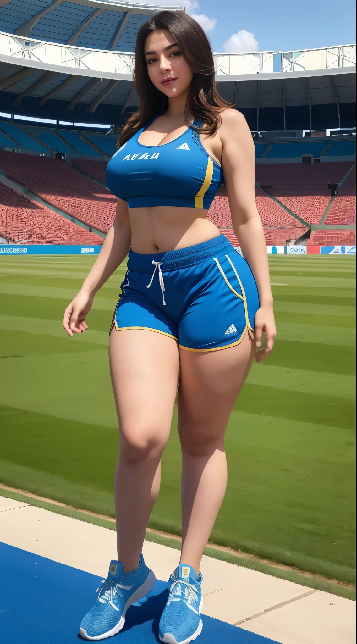 Arabic teacher in stadion, curvy body, very detail ,wide hips, loong legs ,thick high, full body in camera, wearing Sports shoes, Wearing jogging shorts clothes and a small pale blue crop top