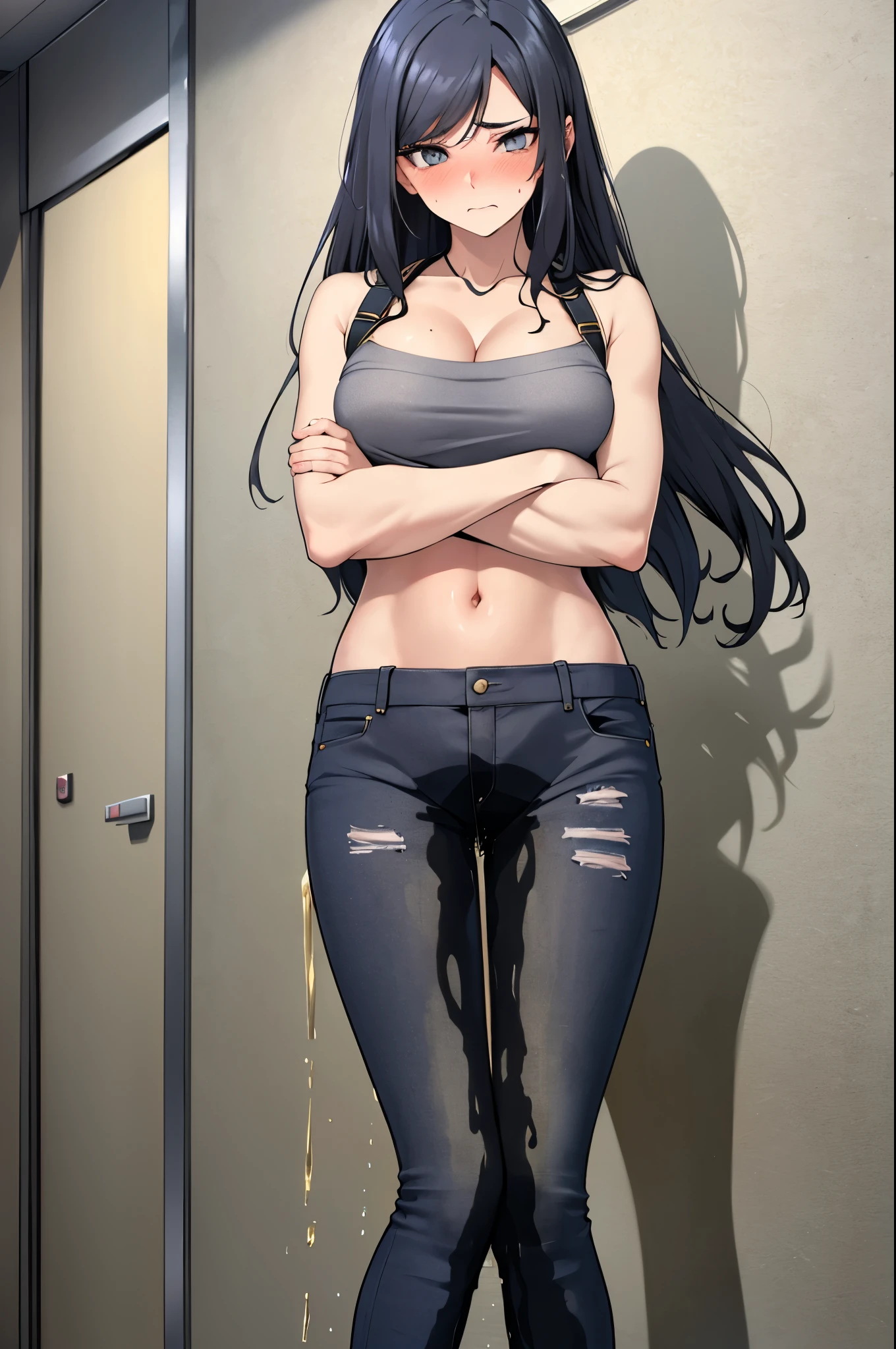 A woman with very long black hair and (very long bangs:1.5), wearing a crop top and (gray jeans:1.25), pantyhose, standing. The artwork is inspired by manga and incorporates a doujin style. The woman appears to be (wetting herself:1.5), which causes her to feel embarrassed and humiliated, resulting in a blush on her face. In addition, there is an air of anger in her expression. The lighting in the scene is moody, with a spotlight highlighting the woman's figure. She is crossing her arms, (arms crossed:1.5), fully showcasing her jeans., breasts, navel, mound of venus, groin, cleavage
