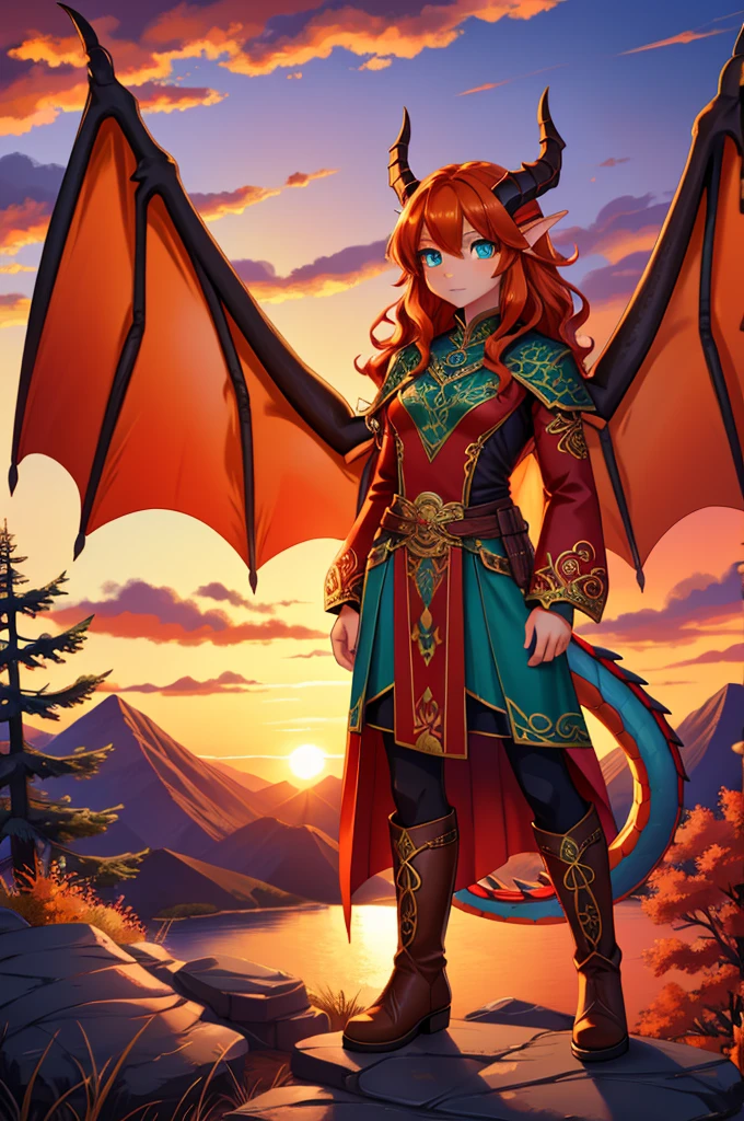 anime style art, fantasy style art, beautiful Celtic dragon girl, young adult European girl, mature young woman, long wavy bright orange hair, bright teal eyes, realistic and sparkling teal eyes looking at viewer, shapely body, skinny body, healthy body, red warrior outfit, ornate red clothes, fancy purple patterns and symbols, 2 red dress coattails hanging down her sides, high brown leather boots, long draping red sleeves, 2 large orange dragon wings, wings on both sides, orange dragon horns, standing on top of a hill, sunset, mountains and trees in the distance, high quality digital art, 2k, professional illustration