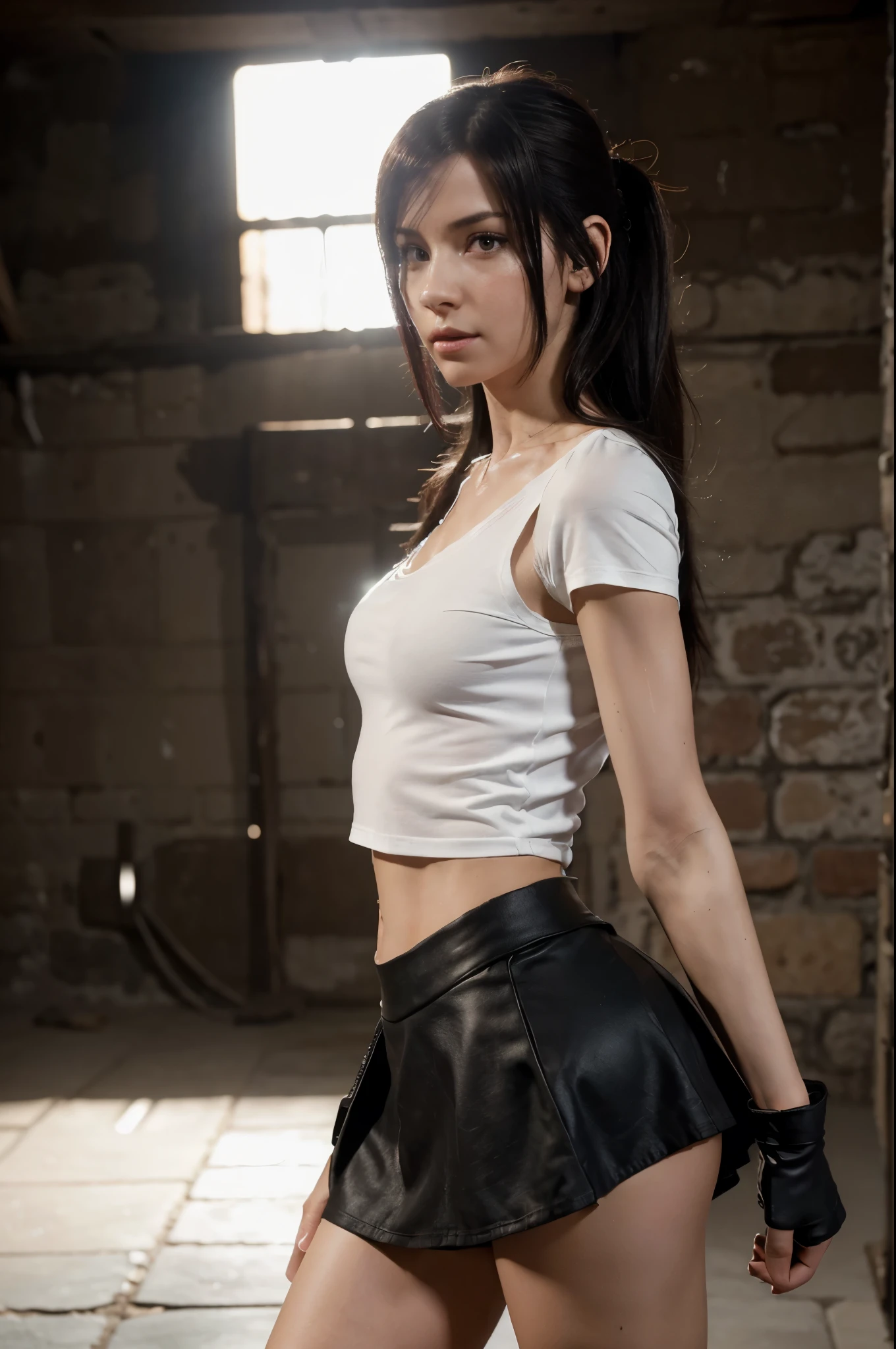 8k, RAW photo, best quality, ultra high resolution, photorealistic, realistic photo of skinny tifa lockhart, (skinny tifa lockhart), in the dungeon, bright light, (full body picture), (photo from the side), black skirt, white top, black sleeves, red gloves, looking at viewer, sexy face, High Detail, Sharp focus, bright light)