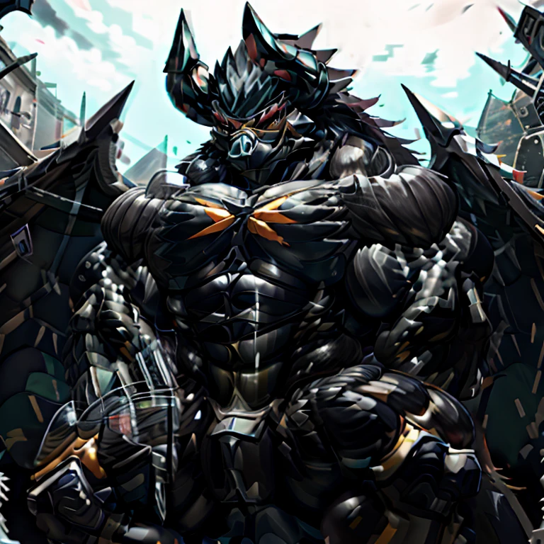 (gigantic muscles), 8K, Masterpiece, highres, Detailed head, Detailed Body, full body, Detailed abs, wearing crNanosuit, big muscle (pecs, triceps, traps) unusually developed muscular body, body full of huge muscles. pectorales enormes. Exaggeratedly huge muscles. Gigachad Muscular, gigantic muscles, Colossal giant NANOSUIT over a battlefield, The claws are sharp, Sharp teeth, Spread wings, have big wings. black wings, METAL WINGS, nj5furry, Animal paws, castle, black visor, demon lord dragon batzz, five fingers, five toes, sitting on the throne, The feathers on its wings are detailed and realistic.