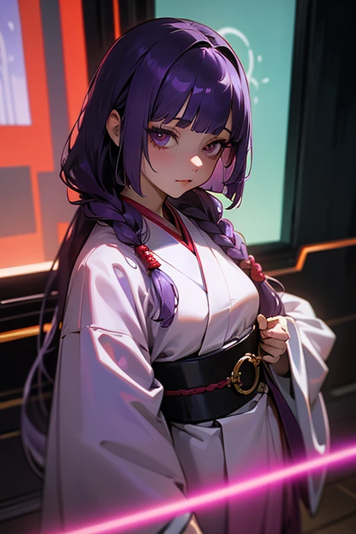 1 girl, Blunt bangs, Braiding, Wide sleeves, hair ornaments, kimono, Red belt, (Purple Hair:1.2), Very long hair, Straight hair, Looking at the audience, Highly detailed background, (Realistic:1.2), Beautiful Eyes, Red eyeshadow, Written boundary depth,thigh, (Ulzzang-6500:0.7), Upper Body, (alone:1.2), (Cyberpunk City:1.1), Shiny skin、Firefly Light、